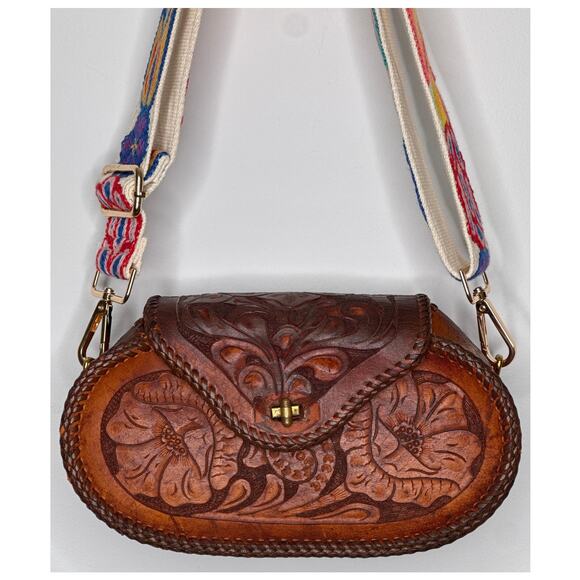 Vintage 1970s Tooled Leather Floral Crossbody Bag with Embroidered Strap - Picture 3 of 14